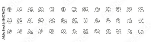 Artificial Intelligence Copresence Attachment Line Icon Set Illustrating Emotional Connection, Empathy, Intimacy, Social Talk, Mental States, and Human-Tech Interaction, outline vector symbols