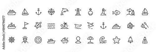Nautical maritime icon set, vector glyph collection of ships, anchors, compasses, sailing symbols, marine animals, lighthouse, ocean navigation, travel and seafaring black silhouette illustration