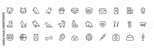Pet icons vector set with thin line style, minimalist pictograms of dog, cat, bird, rabbit, fish and lizard, clean linear animal illustrations for pet care design, outline pets icon collection