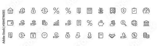 Finance and loan icon set, vector glyph pictograms for mortgage, credit, banking, repayment, interest rate, money management, black silhouette illustration, financial symbols, investment planning