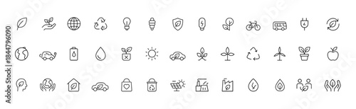 Eco Friendly Sustainability Icon Set, Thin Line Vector Illustrations of Renewable Energy, Solar Panels, Wind Turbines, Recycling and Green Transport, sustainable environment icons, clean energy vector