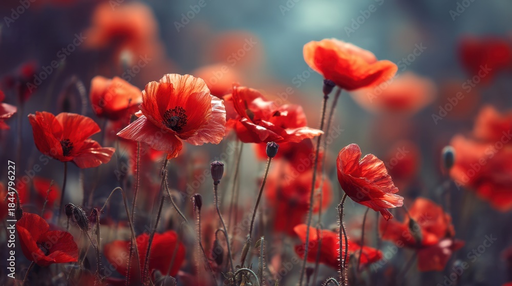 Obraz premium Red poppies stand tall in a field under bright sunlight. The flowers sway gently in the breeze with green stems and leaves surrounding them. It is late spring and nature is vibrant.