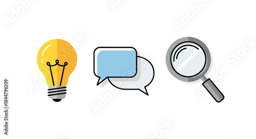 Concept of Innovation and Exploration with Lightbulb Speech Bubble and Magnifying Glass
