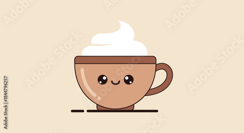 Cute cartoon coffee cup with a smiling face and whipped cream topping on a soft pastel background