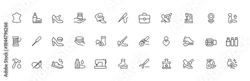 Leathercraft and shoe repair icon set, cobbler tools for footwear maintenance, leather restoration, bag fixing, buckle work, stitching process, handcrafted service symbols, vector illustration