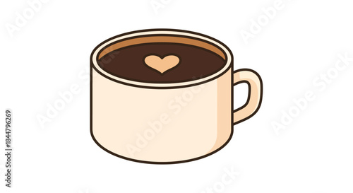 Cute cartoon coffee cup with heart-shaped foam design in a minimalistic style