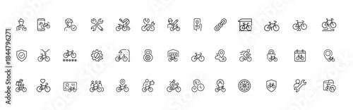 Bicycle subscription services icon set, thin line vector pictograms for bike repair, helmet, delivery, cleaning, storage, locker, spare parts, rental, cycling illustration, icon, mobility