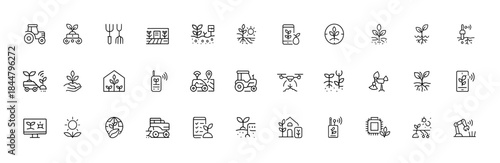 Agriculture Technology Vector Line Icon Set with Smart Farming, AI Sensors, Drones, Robotics, Tractors, Biotech and Modern Farm Systems, precision agriculture icons, digital farming solutions