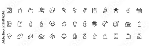Grocery and Food Categories Icon Set, line outline pictograms for snacks, drinks, fruits, pasta, meat, dairy, bakery, cereals, sauces and wine, editable stroke vector illustration, supermarket icons