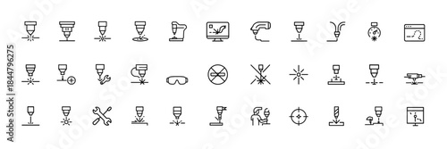 Laser technology icon set for industrial processing, precision cutting, welding, engraving, marking, beam control, machine components, fiber optics, safety, calibration, vector illustration