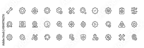 Gear and settings icon set with vector glyphs, cogwheel and wrench symbols for configuration, automation, system maintenance, updates and workflow optimization, black silhouette illustration