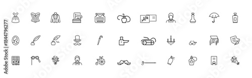Victorian era antique icon set, thin linear vector pictograms of nineteenth century fashion and objects including corset, dress, tailcoat, gramophone, typewriter, pocket watch, vintage culture icons