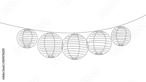 Decorative string of paper lanterns hanging on a wire for festive celebration or event decor