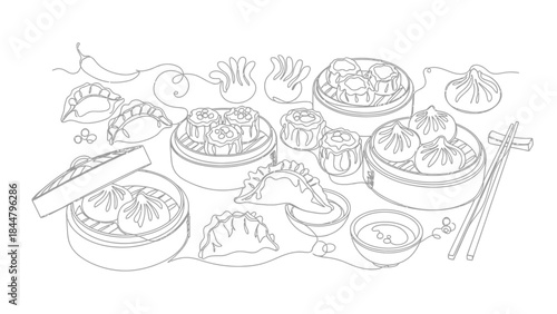 Delicate line art illustration of various Asian dumplings and steamed buns on a table with dipping