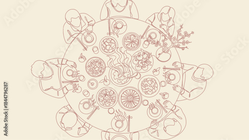 Delicate Line Art Illustration of a Family Dining Table with Multiple Dishes and Gathered People