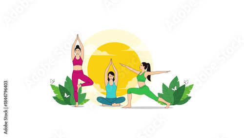 Women in Yoga Poses in Nature with Sun and Butterflies, Promoting Healthy Lifestyle