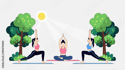 Women practicing yoga poses outdoors under a bright sun, flanked by trees and greenery, on yoga mats.