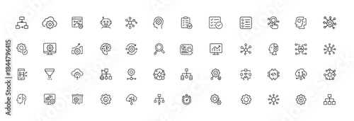 Business automation vector line icons, digital workflow systems, cloud computing, AI chatbot tools, smart process optimization, technology dashboard, data integration, linear outline pictograms