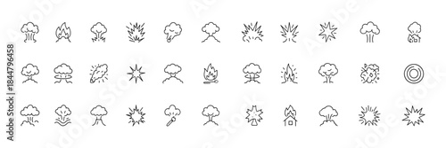Explosion and Blast Icon Set, thin vector line pictograms showing detonation, fireball, shockwave, chemical and meteor impacts, hazard and energy symbols for danger concepts, explosive effects