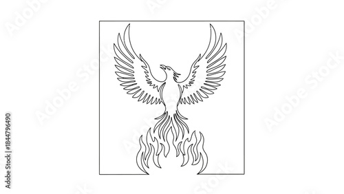 Elegant Line Art Illustration of a Phoenix Rising from Flames with Wings Spread Wide