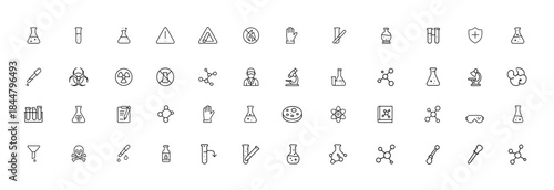 Chemistry Laboratory Safety Line Icon Set, thin linear vector pictograms for scientific research, chemical experiments, lab equipment, molecules, microscope, chemist tools, hazard protection