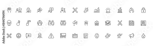 Political Extremism and Civil Unrest Icon Set, thin linear vector pictograms showing protest movements, rebellion, riots, propaganda, political prisoners, Molotov cocktail, social conflict icons