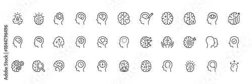 Brain and mind line icon set, clean vector pictograms for cognition, creativity, learning, memory and problem solving, modern mental health and intelligence symbols, abstract thinking icons