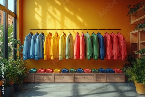A collection of colorful jackets is displayed on a rack in a bright room filled with greenery