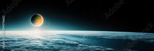 Exoplanet with vegetation and oceans orbiting distant star in minimalism style