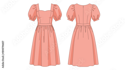 Illustration of a peach colored dress with puffy sleeves and a fitted waistline design