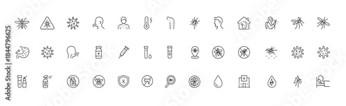 Mosquito borne disease vector line icon set, thin linear icons showing malaria dengue fever virus symptoms vaccine injection test repellent spray fumigation, medical health prevention pictograms