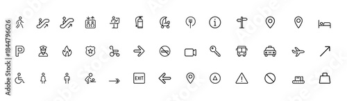 Wayfinding public space glyph icon set, navigation and direction pictograms for urban areas, escalator stairs elevator emergency info desk food court signage, black silhouette vector symbols