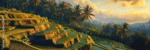 Bali rice terraces bathed in golden hour light showcasing the beauty of nature and agriculture