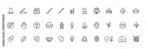 Ethical product vector icon set, thin linear pictograms of handmade artisan craft, factory, signature, needle, paintbrush, anvil, sustainable fairtrade design, eco friendly business symbols
