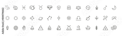 Zodiac Astrology Icon Set, Thin Line Vector Horoscope Symbols for All Signs, Capricorn to Pisces, Clean Linear Pictograms, Celestial Sun Moon Wheel, Spiritual Cosmic Illustration, modern design