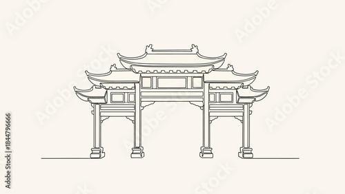 Elegant Line Drawing of Traditional Asian Pagoda Entrance with Architectural Detailing