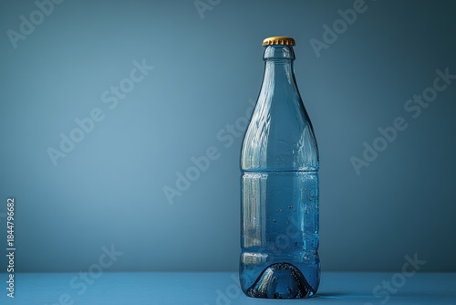 Clear bottle on a blue surface with studio light showing minimalistic design and details