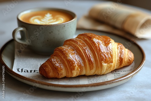 Caf breakfast with coffee and croissant on newspaper in minimalism style captured at morning light
