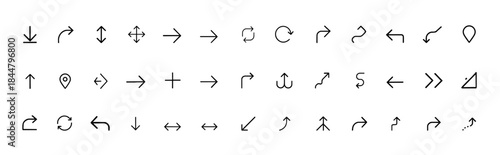 Vector arrows icon set, modern glyph pictograms for direction, movement, rotate, pointer, turn, expand, merge and diverge, black silhouette navigation signs, flat UI design, flow symbols