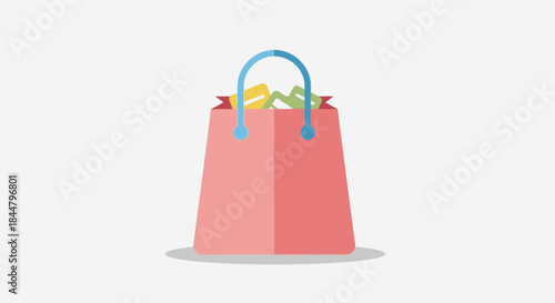 Bright colorful shopping bag filled with assorted groceries and fruits against a plain background