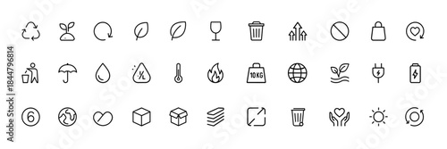 Recycling and Packaging Glyph Icons, eco symbols for compostable and biodegradable use, reusable leaf and trash bin signs, umbrella and raindrop pictograms, black silhouette vector illustration