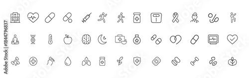 Health and wellness vector icon set, medical and fitness glyph pictograms for hospital, doctor care, heart, pill, syringe, stethoscope, yoga, exercise, healthcare symbols, black silhouette