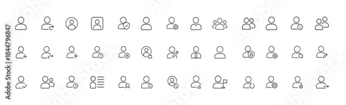 User profile icon set, vector glyph pictograms for account login, avatar identity, admin and guest access, security management, contact details, black silhouette symbols, flat illustration style,