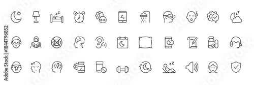 Sleep Hygiene and Night Health Icon Set, Thin Linear Vector Pictograms Showing Bedtime Routine, Sleep Disorders, Apnea, Anxiety, Supplements, Rest Habits, Relaxation, Wellness Symbols