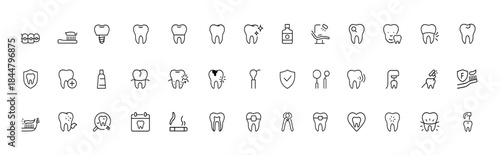 Dental care and oral health icon set, thin linear vector pictograms for dentistry including tooth, braces, implants, cavities, crown, root, whitening, hygiene tools, clinic services, icon, oral care