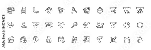 Gutter and downspout cleaning icon set, thin outline vector illustrations of home exterior maintenance tools, hose ladder debris repair symbols, linear pictograms, roof drainage service, seasonal care