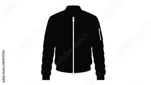A stark silhouette of a black bomber jacket presented against a clean white background