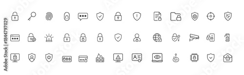 Security and privacy vector icon set with glyph pictograms for lock, key, fingerprint, shield and access control, black silhouette illustrations for cybersecurity protection systems, data safety