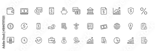 Money & Finance Icon Set, Black Glyph Vector Illustrations Featuring Wallet, Credit Card, Cash, Piggy Bank, Banking, Transactions, Budget Control, Financial Management, Business Economy