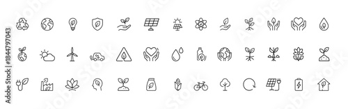 Sustainability icon set, eco vector pictograms with thin line style, renewable energy, green environment, climate care, agriculture and forest concepts, clean nature symbols, outline line art